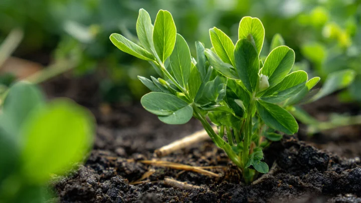 Foenegriek plant growing in soil, showing green leaves and sustainable cultivation