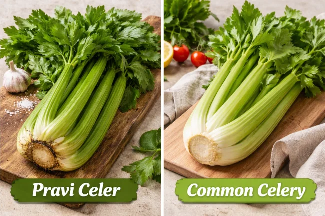 Pravi Celer compared with common celery showing darker green stalks and leafy tops side by side