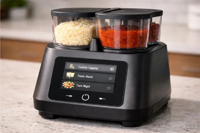 Toppinger smart kitchen device showing intuitive touchscreen and clean ingredient compartments
