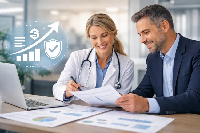 Workers Compensation Services with a doctor and businessman reviewing documents and financial reports in an office setting.