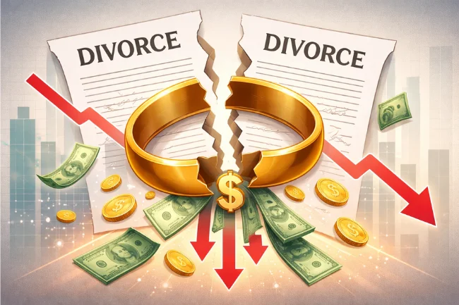 Christian Stracke net worth impacted by divorce illustrated with broken ring and money loss