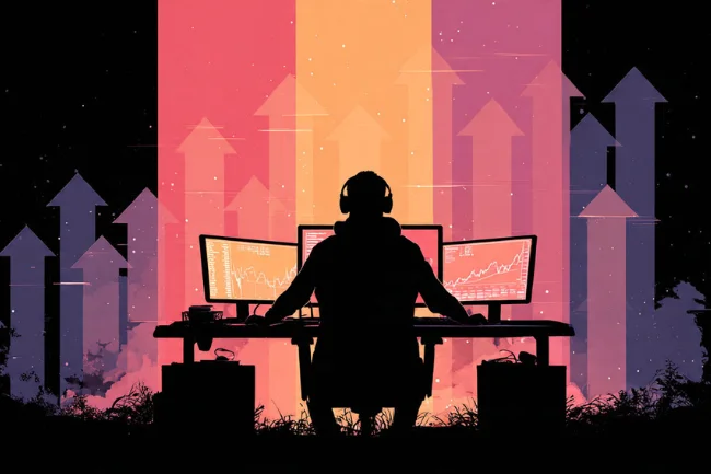 Gamer Challenger analyzing gameplay on multiple screens with upward growth arrows in the background