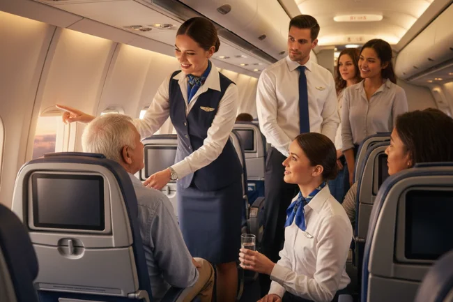 Flight attendants assisting passengers inside the cabin during the United Airlines Flight UA770 Emergency Diversion, demonstrating calm professionalism.