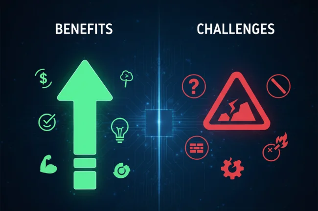 Transds benefits and challenges illustrated with green upward icons and red warning symbols to compare strengths and limitations.