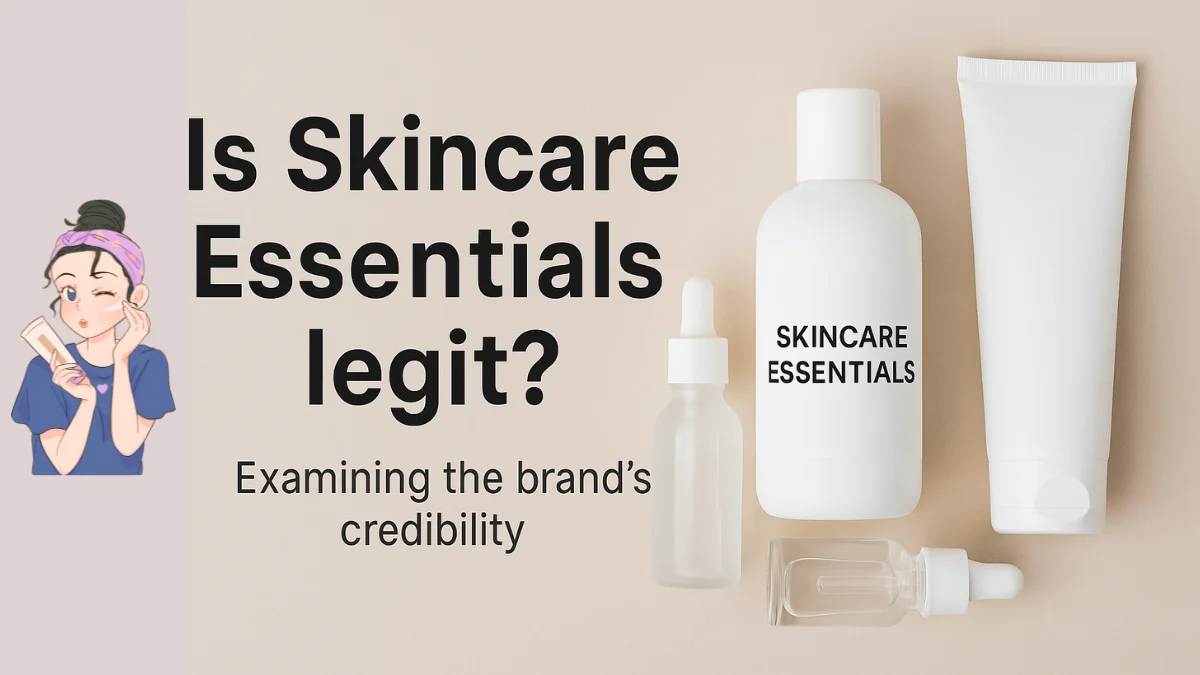 Is Skincare Essentials legit? Flat-lay image of skincare bottles with clean minimalist packaging and review headline on a neutral background.
