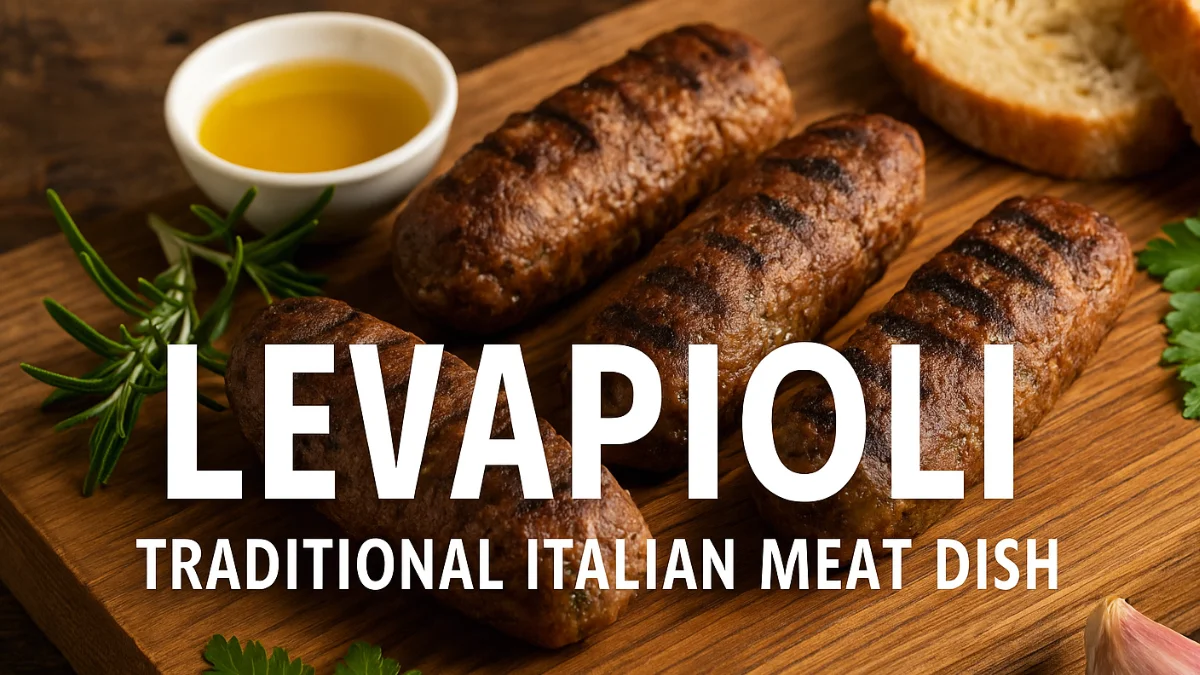 Levapioli traditional Italian grilled meat dish served on a rustic wooden board with herbs and olive oil