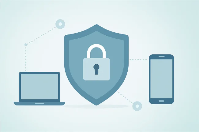 DigitalConnectMag.com image illustrating digital security and online privacy with shield, lock, and connected devices.