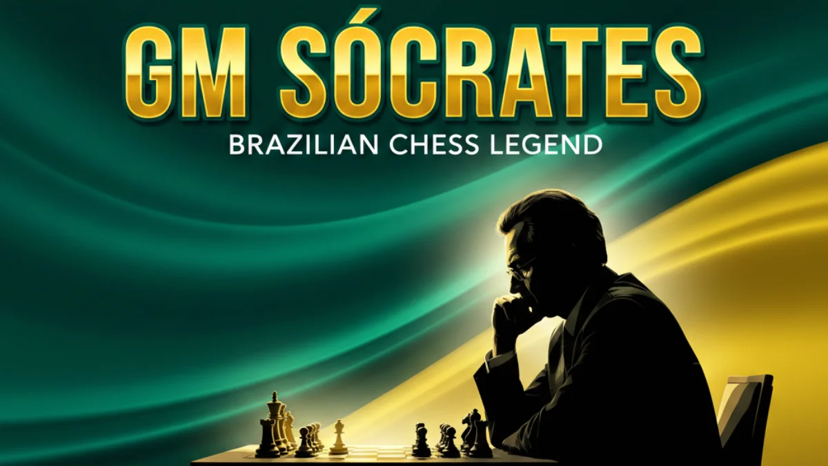 Silhouette of GM Sócrates analyzing a chessboard with a Brazilian-themed background and bold title text.