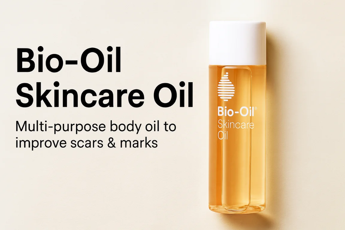 Bio-Oil Skincare Oil bottle with text highlighting its benefits for scars and stretch marks