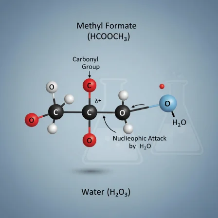 Molecular diagram of methyl formate (HCOOCH₃) undergoing nucleophilic attack by water, part of the HCOOCH CH2 H2O hydrolysis process.