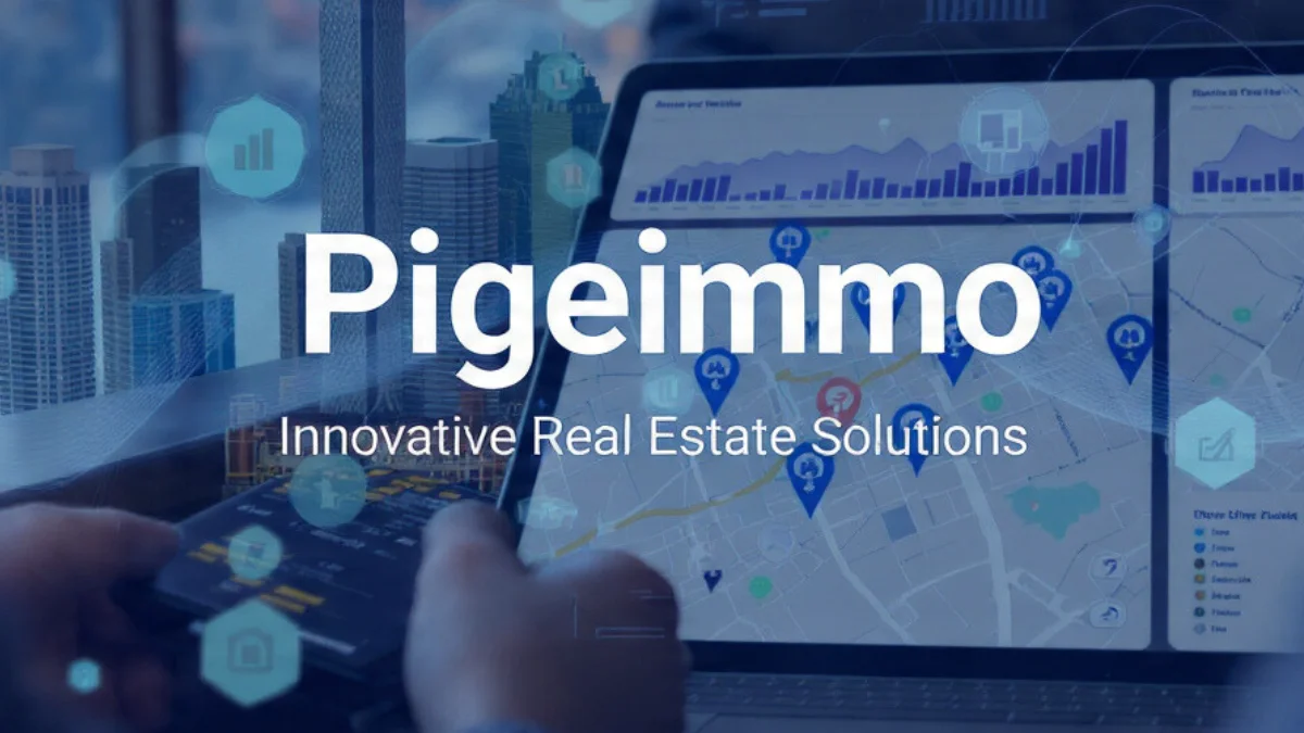 Innovative real estate dashboard showing property analytics and maps on a digital screen with Pigeimmo branding