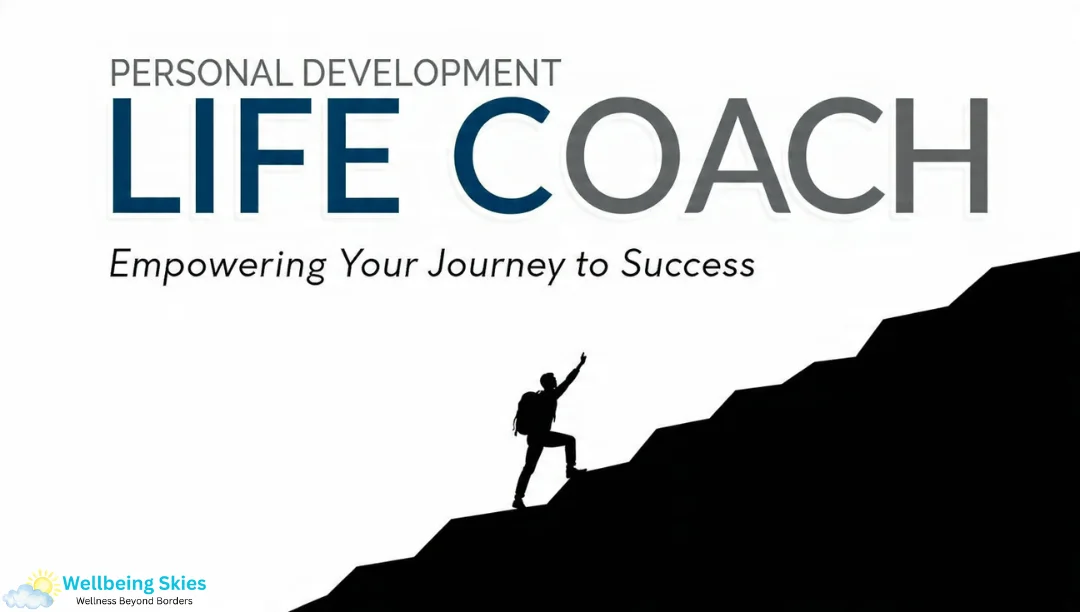 Illustration showing a Personal Development Life Coach theme with a person climbing a mountain toward success.