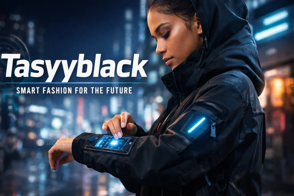 Tasyyblack: Smart fashion for the future featuring wearable tech in an urban setting.