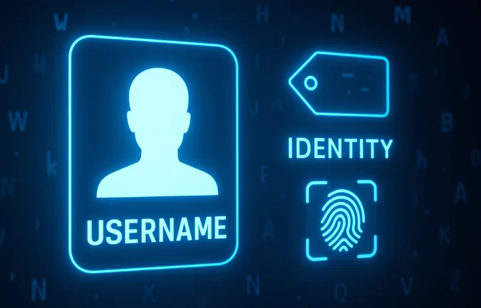 Digital identity interface showing a username avatar, tag icon, and fingerprint graphic, symbolizing how GLDYQL supports unique online branding.