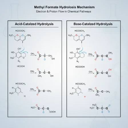 Conceptual diagram of the HCOOCH CH2 H2O reaction, illustrating the hydrolysis of methyl formate with water and featuring a glowing green leaf to represent the pathway to sustainable, green chemistry.
