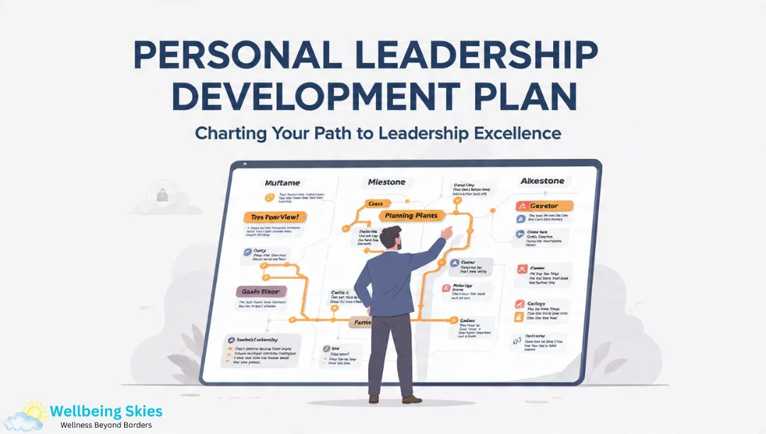 Illustration showing a Personal Leadership Development Plan roadmap with a person pointing at milestones on a digital board.