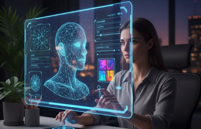 Woman interacting with a futuristic digital identity interface displaying holographic data and the concept of GLDYQL.