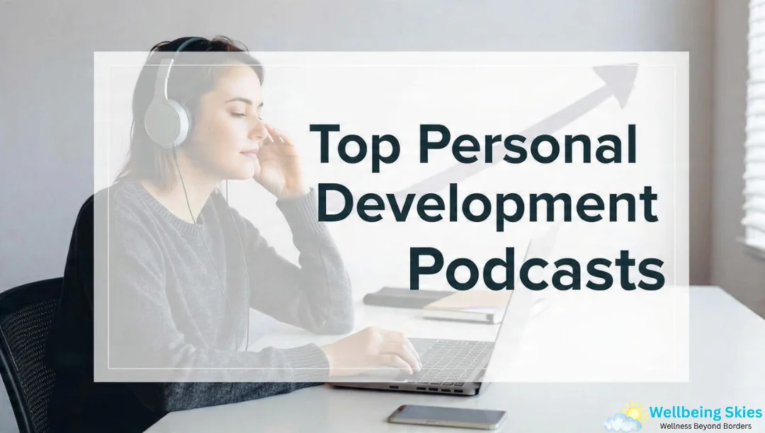 op Personal Development Podcasts featured image showing a person listening to podcasts on headphones while working, symbolizing growth and learning