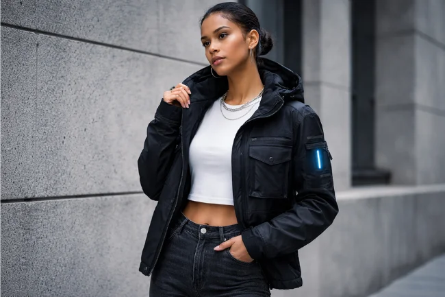 Tasyyblack techwear jacket paired with classic jeans, showcasing urban style with smart fashion elements.