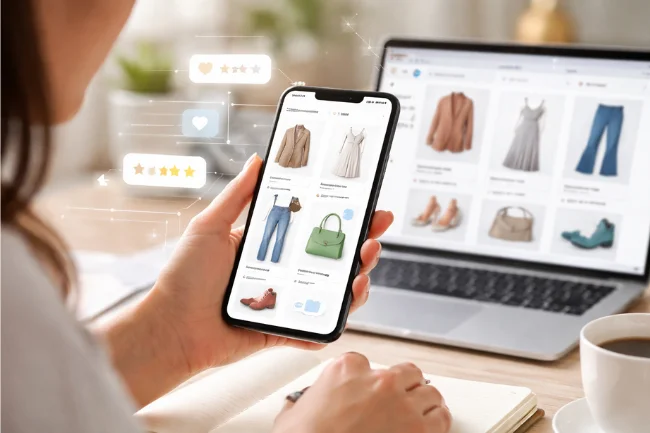 Calesshop AI-powered fashion platform showing personalized clothing recommendations on mobile and laptop