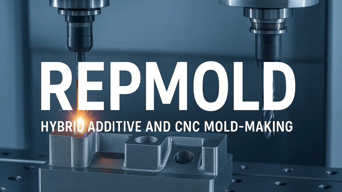 Repmold hybrid additive and CNC mold-making process showing 3D printing and precision machining on a metal mold component.