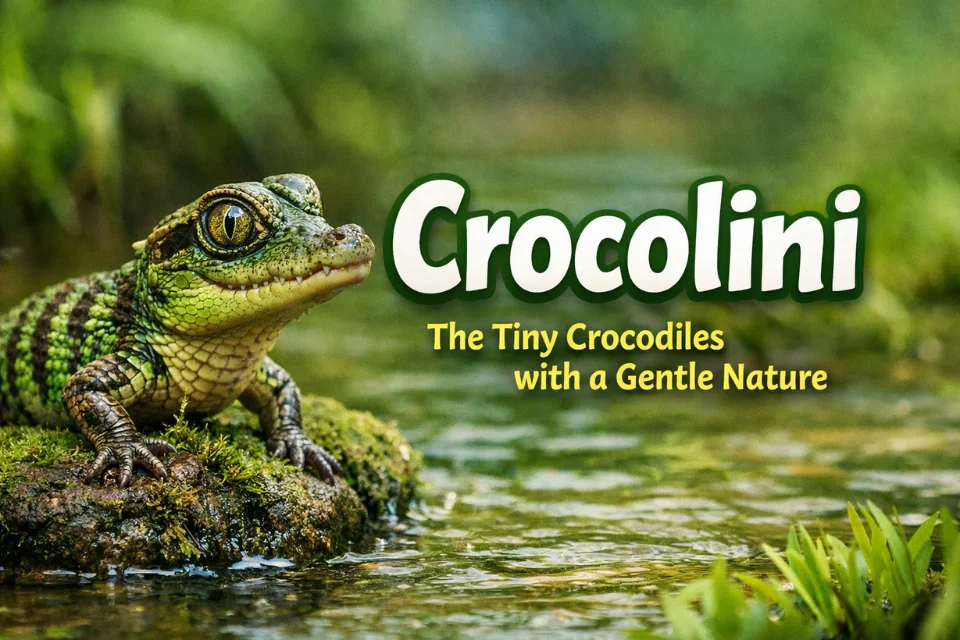 Crocolini miniature crocodile resting on a mossy rock near freshwater habitat
