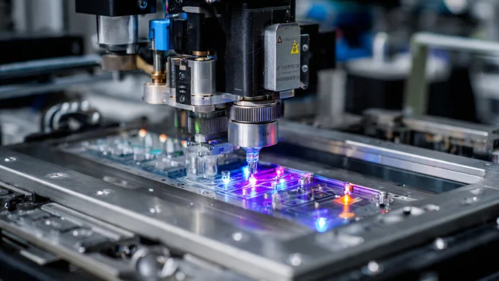 Repmold advanced manufacturing setup showing high-precision automated machinery working on a mold component with illuminated sensors.