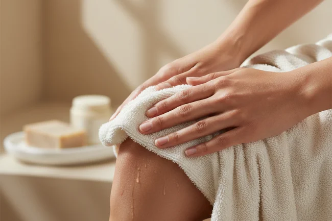 CBD Salve Citrus - 1000mg application prep showing clean skin wiped with a towel before topical use