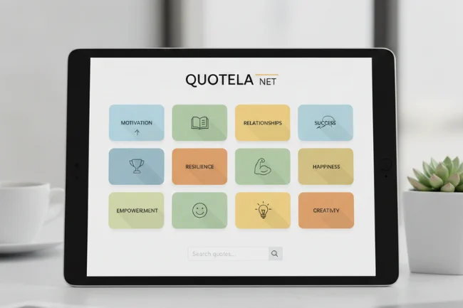 Quotela Net interface displayed on a tablet showing motivational, emotional, and creative quote categories.