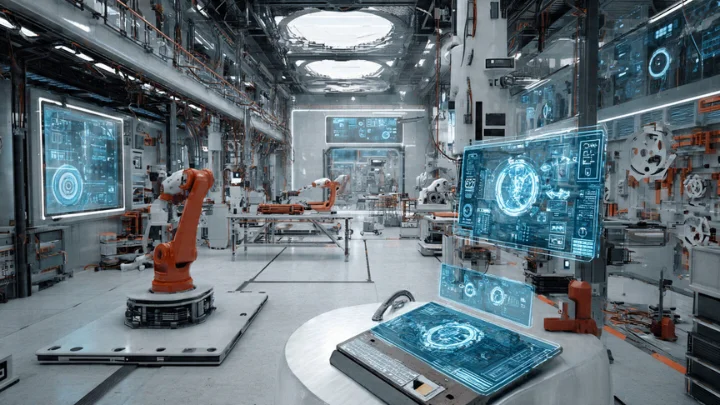 Futuristic Repmold factory with AI-driven CAD simulation screens, robotic arms, and advanced digital manufacturing systems.