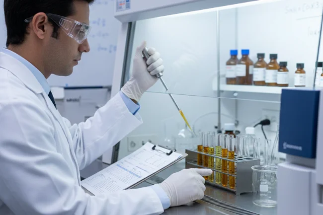 CBD Salve Citrus - 1000mg laboratory testing with technician analyzing CBD samples and documenting Certificate of Analysis