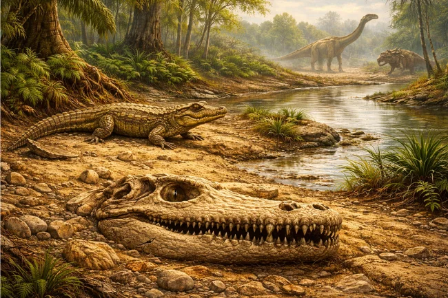 Crocolini ancestors shown in a prehistoric landscape alongside dinosaur-era fossils