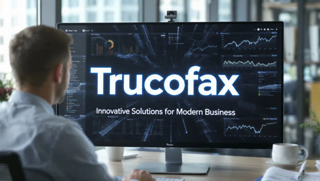 A professional analyzing business dashboards on a large monitor displaying the Trucofax interface and real-time analytics.
