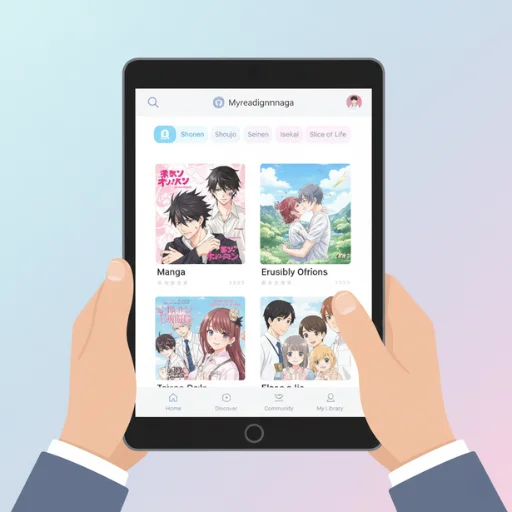 Myreadignmnaga digital manga platform displayed on a tablet with genre categories and featured manga covers