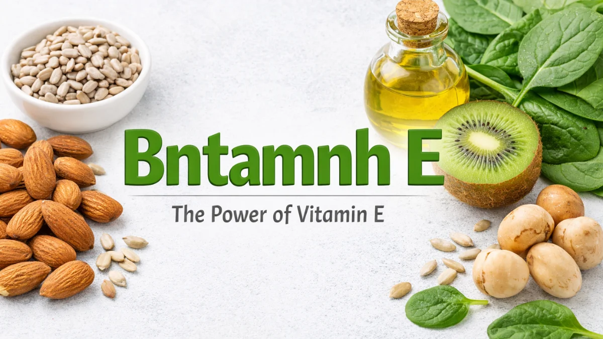 Bntamnh E rich foods including almonds, sunflower seeds, spinach, and olive oil displayed on a clean background