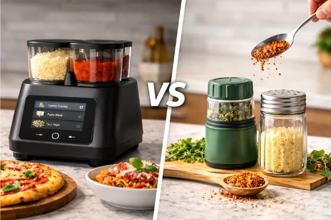 Toppinger compared with traditional kitchen tools for precise and consistent food topping