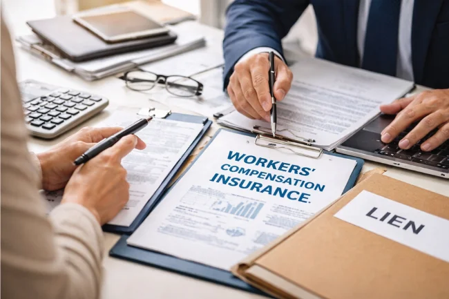 Close-up of two professionals reviewing insurance documents, including a lien folder, calculator, and other office supplies.