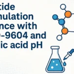A detailed scientific graphic illustrating Peptide Formulation Science, highlighting AOD-9604 and acetic acid pH preparation methods in a laboratory setting.