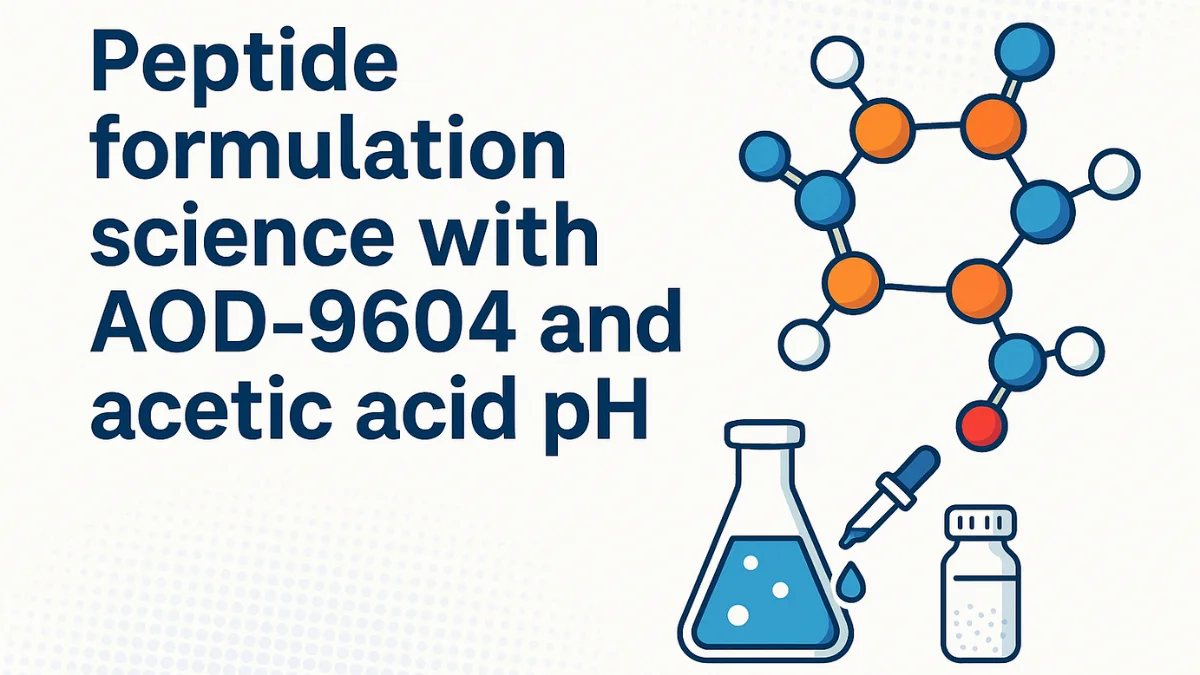 A detailed scientific graphic illustrating Peptide Formulation Science, highlighting AOD-9604 and acetic acid pH preparation methods in a laboratory setting.