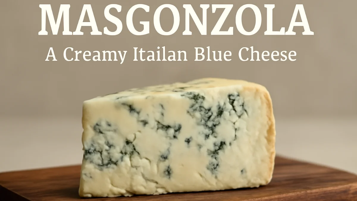 A wedge of creamy Masgonzola Italian blue cheese with rich blue veining, presented on a rustic wooden cheeseboard.
