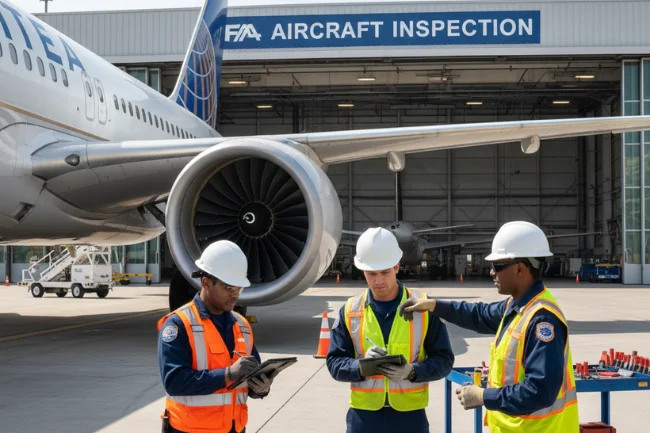 Maintenance crew performing FAA inspection on an aircraft after the United Airlines Flight UA770 Emergency Diversion.