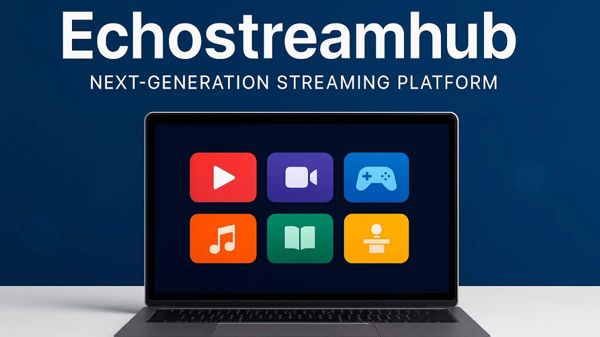 Modern laptop displaying multiple streaming icons under the title Echostreamhub, representing an all-in-one next-generation streaming platform.