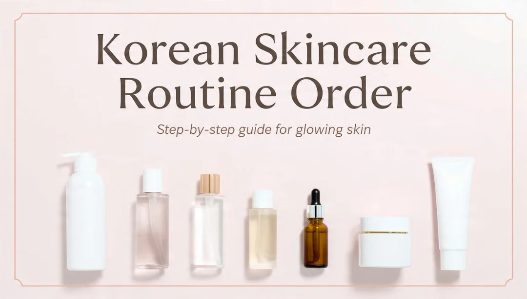 Korean Skincare Routine Order displayed with skincare products arranged in sequence on a soft pink background.