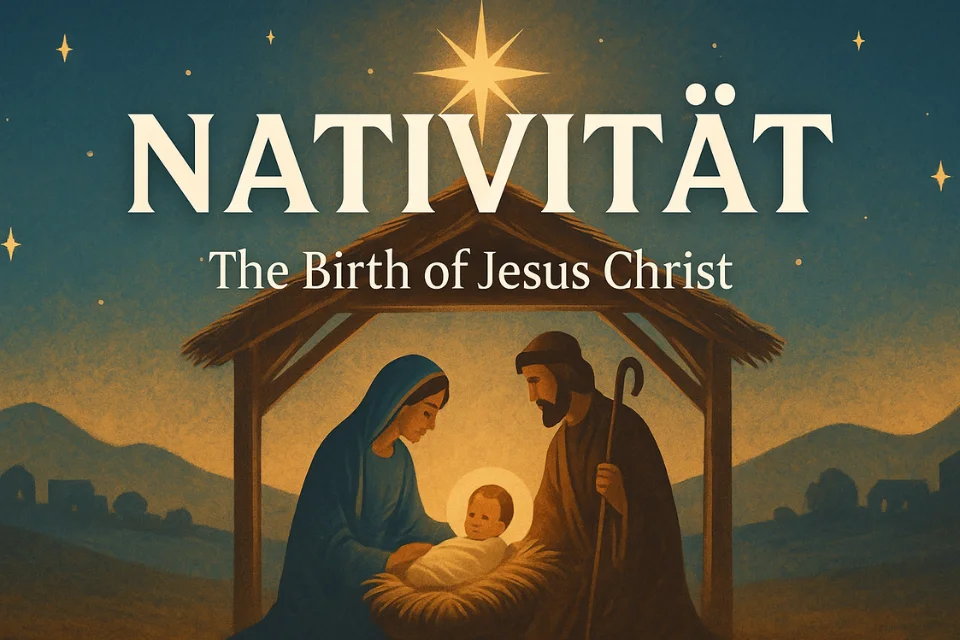 Nativität featured image showing the birth of Jesus Christ in a peaceful nativity scene under a glowing star.