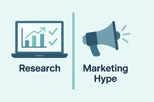 DigitalConnectMag.com illustration comparing research-based testing with marketing hype in technology reviews.
