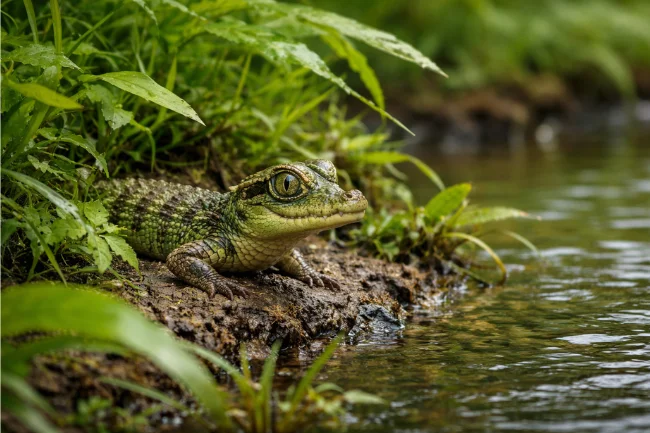 Crocolini in a tropical freshwater habitat near a riverbank with dense vegetation