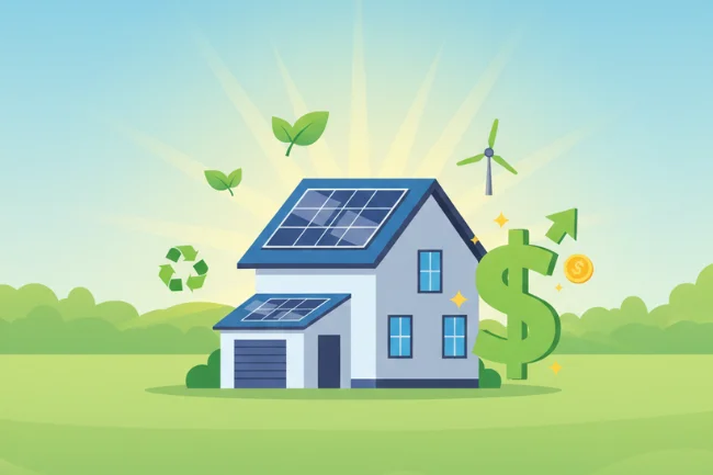 Eco-friendly house with solar panels, renewable energy icons, and a dollar symbol representing MyGreenBucks clean-energy savings.