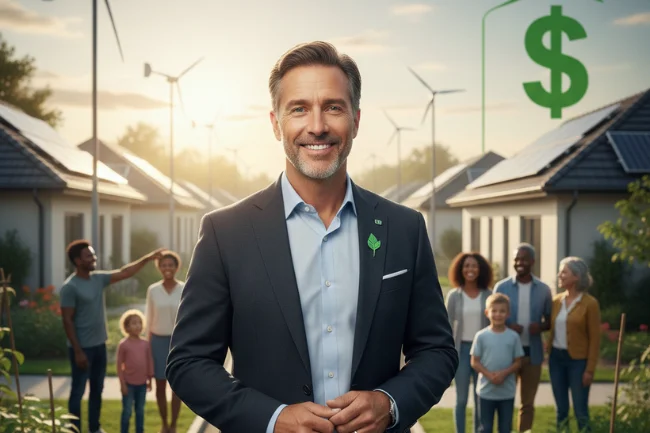 Smiling clean-energy leader standing in a solar-powered community, representing the MyGreenBucks mission to support families through affordable renewable financing.