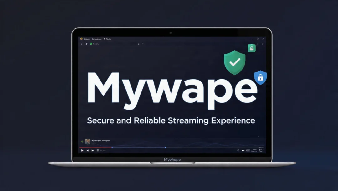 Mywape featured image showing a laptop screen with Mywape streaming platform and security icons.