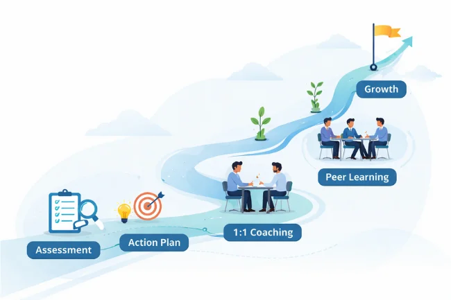 Pedro Paulo Executive Coaching client journey showing assessment, action planning, coaching, peer learning, and growth